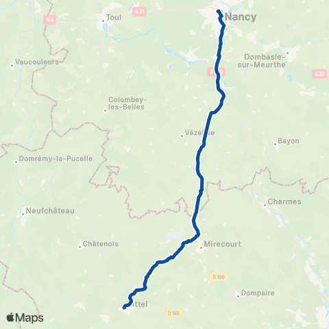 TER Fluo (Grand Est) Nancy - Vittel via Autoroute map