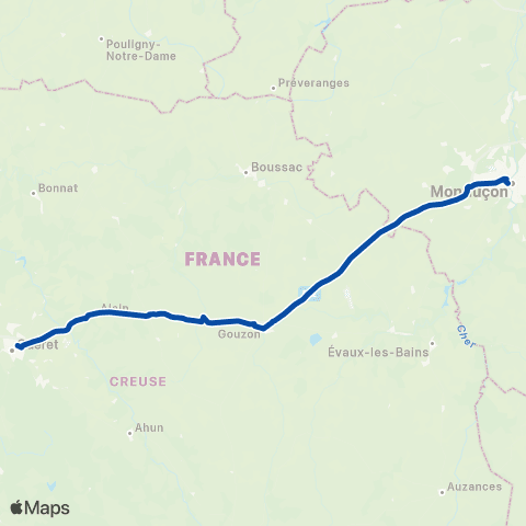 TER Nouvelle-Aquitaine Montluçon / Felletin - Guéret - Limoges map