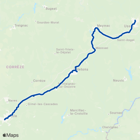 TER Nouvelle-Aquitaine Ussel - Tulle - Brive map