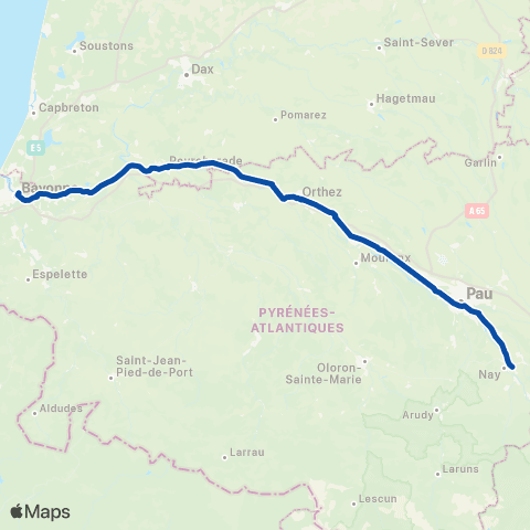 TER Nouvelle-Aquitaine Bayonne - Pau - Tarbes map
