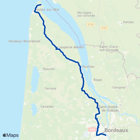 TER Nouvelle-Aquitaine Le Verdon - Macau - Bordeaux / Pessac map