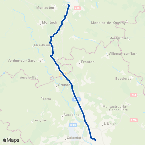 TER liO (Occitanie) Toulouse Matabiau - Montauban Ville Bourbon map