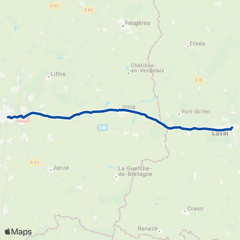 TER Aléop (Pays de la Loire) Le Croisic - Nantes - Rennes via Sablé map
