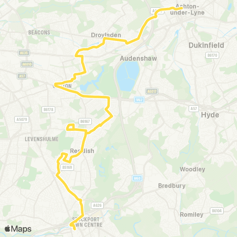 Bee Network Stockport Interchange - Ashton-Under-Lyne Interchange map