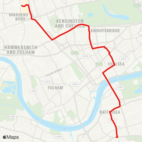 TfL Clapham Jct - Chelsea - S Kensington - Shepherd's Bush - White City map
