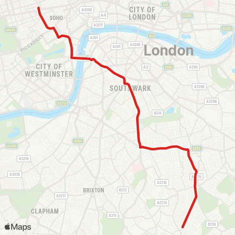 TfL Oxford Circus - Westminster - Elephant & Castle - Peckham - Dulwich Library map