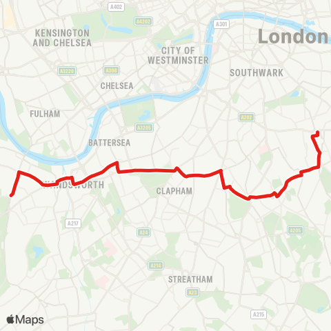 TfL Putney Heath - Wandsworth - Clapham Jct - Brixton - Peckham map
