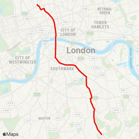 TfL Honor Oak - Peckham Rye - Peckham - Burgess Pk - Old Kent Rd - Elephant & Castle - Southwark - Blackfriars - Farringdon - Kings Cross map
