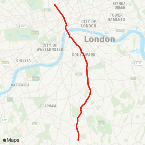 TfL W Norwood - Camberwell - Elephant & Castle - Waterloo - Euston map