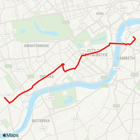 TfL Fulham Bway - Kings Rd - Sloane Square - Victoria - Westminster - Waterloo map