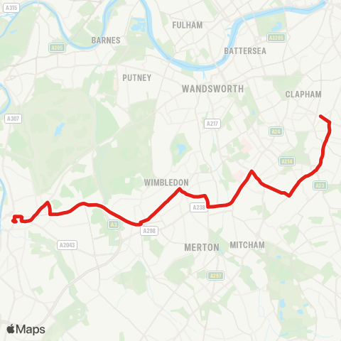 TfL Kingston - Norbiton - Coombe Ln - Raynes Pk - Wimbledon - Colliers Wood - Tooting Bway - Streatham - Clapham Pk map