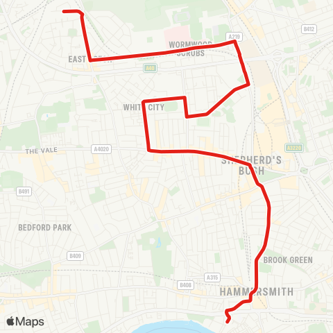 TfL E Acton - Du Cane Rd - Hammersmith Hosp - White City Estate - Shepherds Bush - Hammersmith - Hammersmith Bridge, N Side map