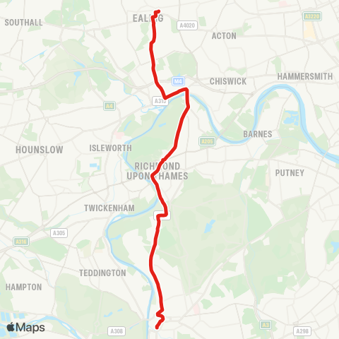 TfL Kingston - Ham - Petersham - Richmond - Kew - Brentford - S Ealing - Ealing Bway map