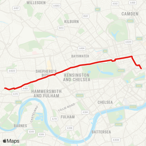 TfL Acton Green - Shepherd's Bush - Notting Hill Gate - Oxford Circus - Piccadilly Circus map