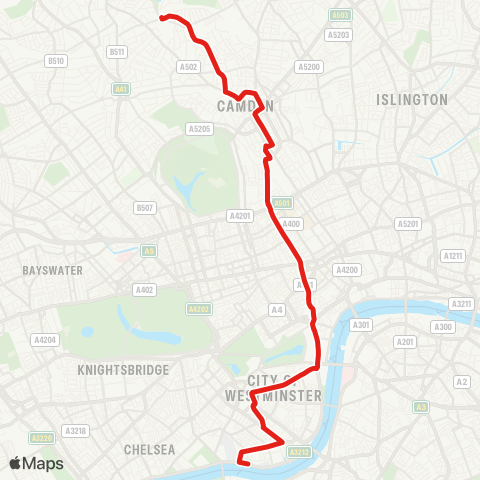 TfL Pimlico - Victoria - Westminster - Trafalgar Square - Warren St - Camden Town - Malden Rd - Hampstead Heath map