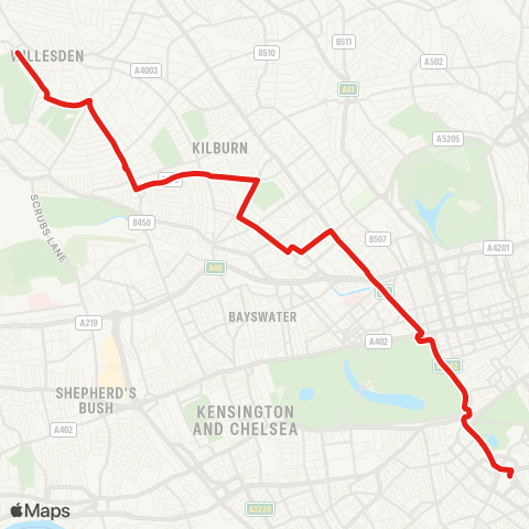 TfL Willesden, Bus Garage - Queens Pk - Maida Hill - Marble Arch - Victoria map
