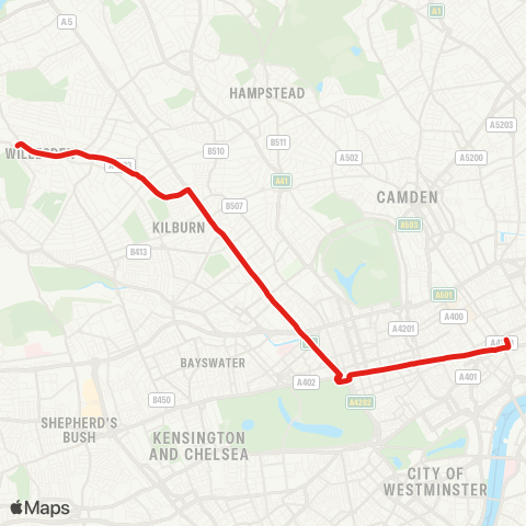 TfL Willesden, Bus Garage - Kilburn - Edgware Rd - Oxford Circus - Holborn map