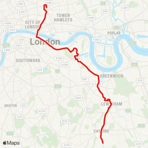 TfL Bellingham, Catford Bus Garage - Lewisham - Deptford - Canada Water - Bermondsey - London Bridge - Liverpool St - Shoreditch map