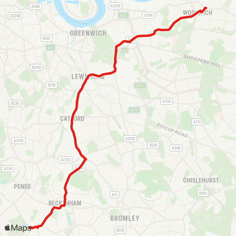 TfL Elmers End - Beckenham - Woolwich map