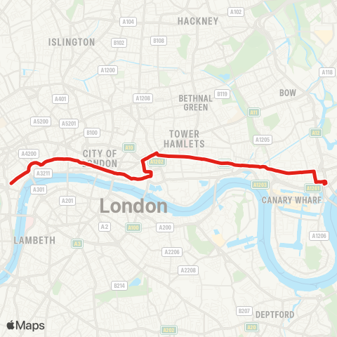 TfL Blackwall - Limehouse - Aldgate - Tower Hill - St Paul's Cathedral - Trafalgar Square map