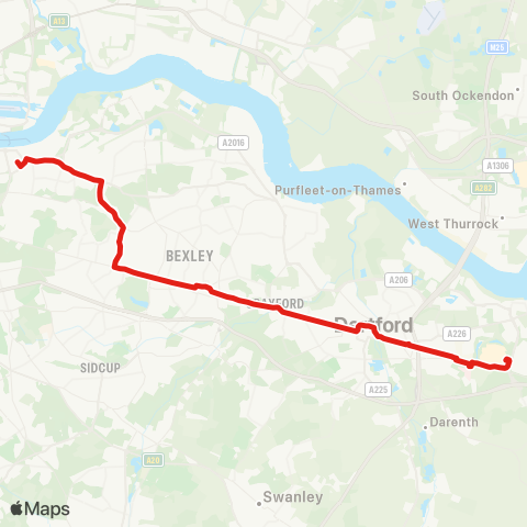 TfL Bluewater - Darent Val Hosp - Dartford - Crayford - Bexleyheath - Welling - Plumstead - Woolwich map
