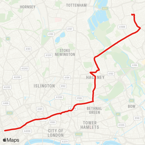 TfL Walthamstow Central - Bakers Arms - Lea Bridge Rd - Clapton - Hackney Central - Cambridge Heath - Shoreditch - Old St - Clerkenwell - Bloomsbury - Oxford Circus map