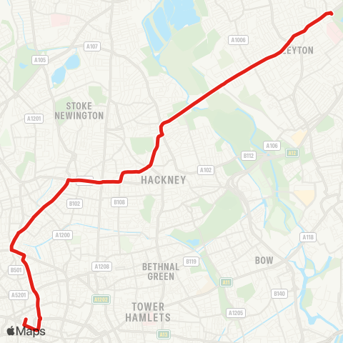 TfL Whipps Cross - Bakers Arms - Lea Bridge Rd - Clapton - Dalston - Essex Rd - Angel - Barbican - Bart's Hosp map