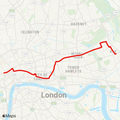 TfL Bow Church - Old Ford - Bethnal Green - Liverpool St - Bank - Tottenham Court Rd map