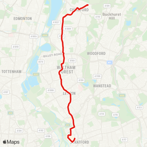 TfL Chingford Sta - Chingford Mt - Walthamstow - Leyton - Stratford City Bus Sta map