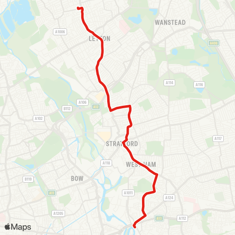 TfL Walthamstow - Leyton - Stratford - W Ham - Canning Town map