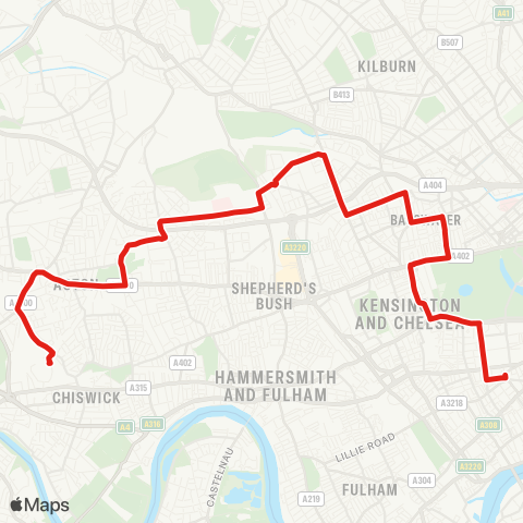 TfL Chiswick, Business Pk - Acton Town - E Acton - St Quintin Pk - Ladbroke Grove - Bayswater - Queensway - Notting Hill Gate - S Kensington map