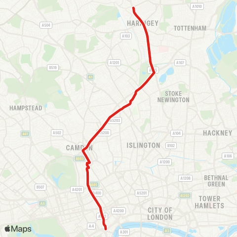 TfL Wood Green Sta - Manor House - Finsbury Pk - Camden Town - Trafalgar Square map