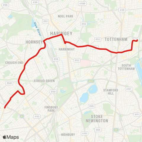 TfL Archway - Crouch End - Turnpike Ln - Seven Sisters - Tottenham Hale map