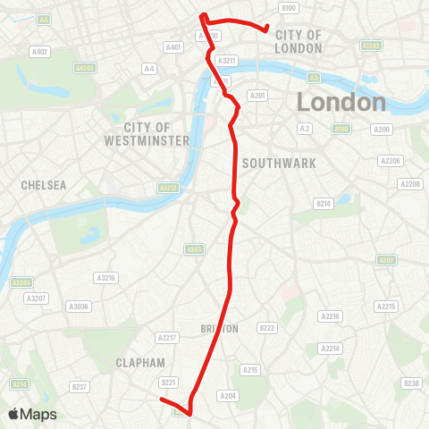 TfL Clapham Pk - Brixton Hill - Brixton - Kennington Pk - Lambeth N - Waterloo - Aldwych - Holborn - Bart's Hosp map