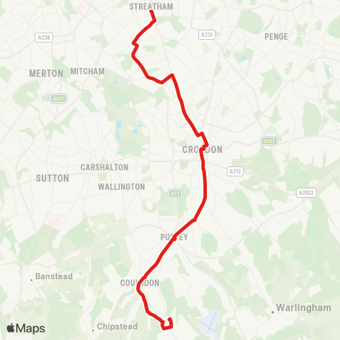 TfL Old Coulsdon - Croydon Town Ctr - Thornton Heath Pond - Streatham Vale - Streatham Sta map