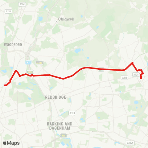 TfL Romford Sta - Romford Market - N St - Eastern Av - Newbury Pk - Gants Hill - Redbridge - Wanstead - Leytonstone map