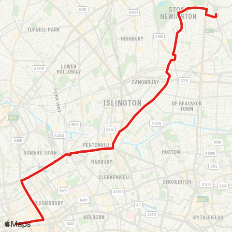 TfL Oxford Circus - Tottenham Court Rd - King's Cross - Islington - Stoke Newington map