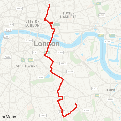 TfL Shoreditch - Liverpool St - Tower Bridge - Peckham - Nunhead map