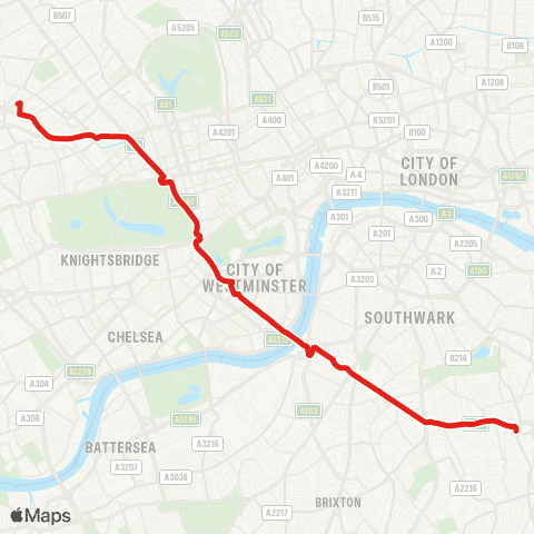 TfL Peckham - Camberwell - Oval - Vauxhall, Non-Stop to Harrow Rd, Elgin Av, Ltd Stop Bus map