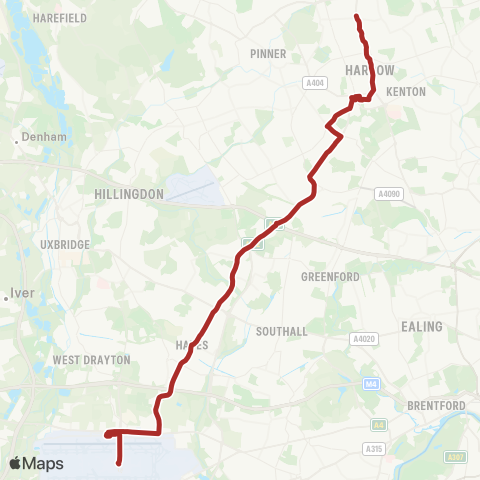 TfL Heathrow Central - Hayes - Harrow - Wealdstone - Harrow Weald, Bus Garage map