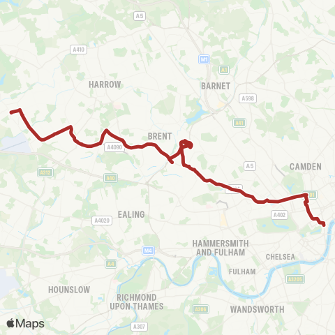 TfL Ruislip - S Ruislip - Northolt Pk - Sudbury - Wembley - Harlesden - Westbourne Pk - Baker St Sta - Trafalgar Square map