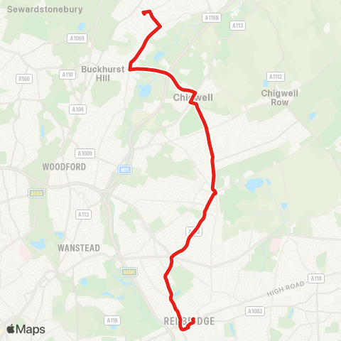 TfL Ilford - Gants Hill - Chigwell - Buckhurst Hill - Loughton map