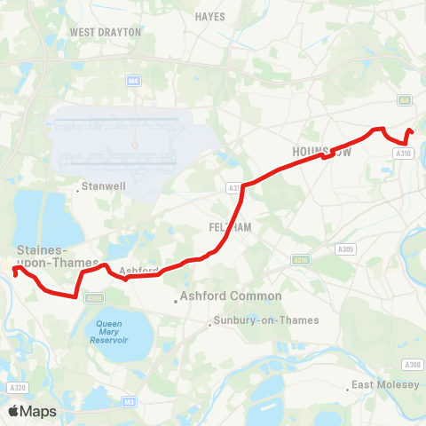 TfL W Middlesex Hosp - Hounslow - Feltham - Ashford - Staines map