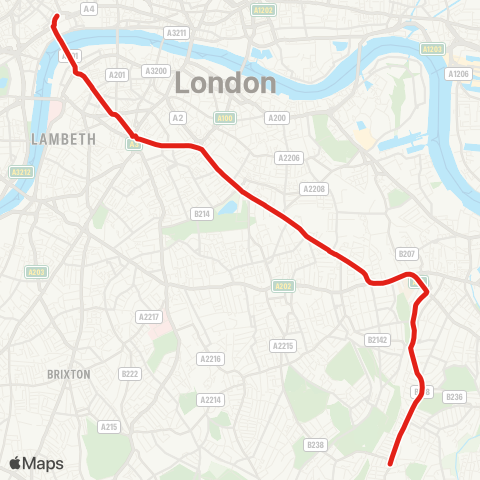 TfL Brockley Rise - New Cross - Elephant & Castle - Waterloo - Aldwych map