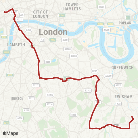 TfL Hither Green Sta - New Cross Gate - Peckham - Elephant & Castle - Tottenham Court Rd map