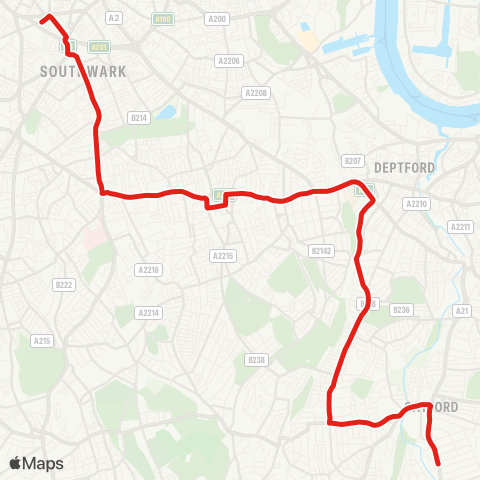 TfL Bellingham, Catford Bus Garage - Brockley - New Cross - Peckham - Elephant & Castle map