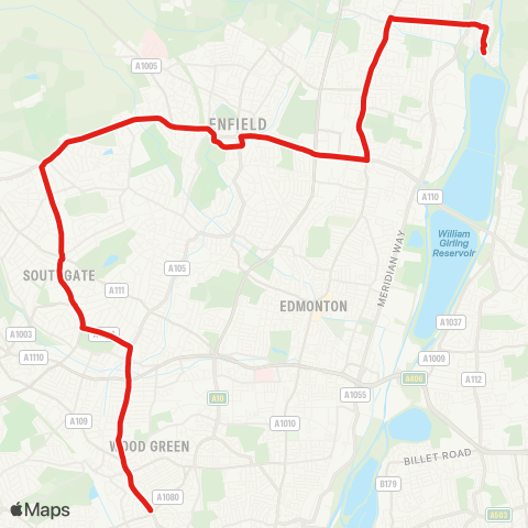 TfL Enfield Island Village - Southbury - Enfield - Palmers Green - Turnpike Ln Sta map