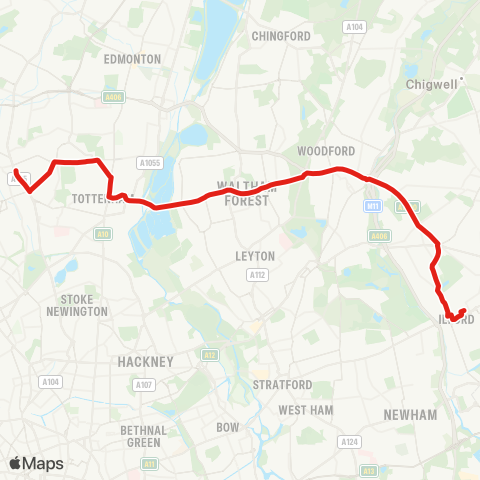 TfL Wood Green - Turnpike Ln Sta - Tottenham Hale - Blackhorse Rd Sta - Ilford map