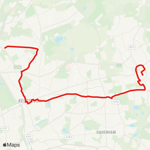 TfL Claybury Bway - Barkingside - Ilford - Becontree Heath - Romford, Queens Hosp, Market and Sta map