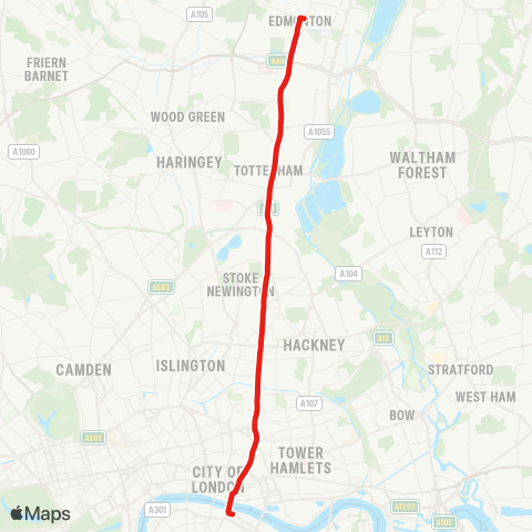 TfL Edmonton Green - Tottenham - Stoke Newington - Liverpool St - London Bridge map